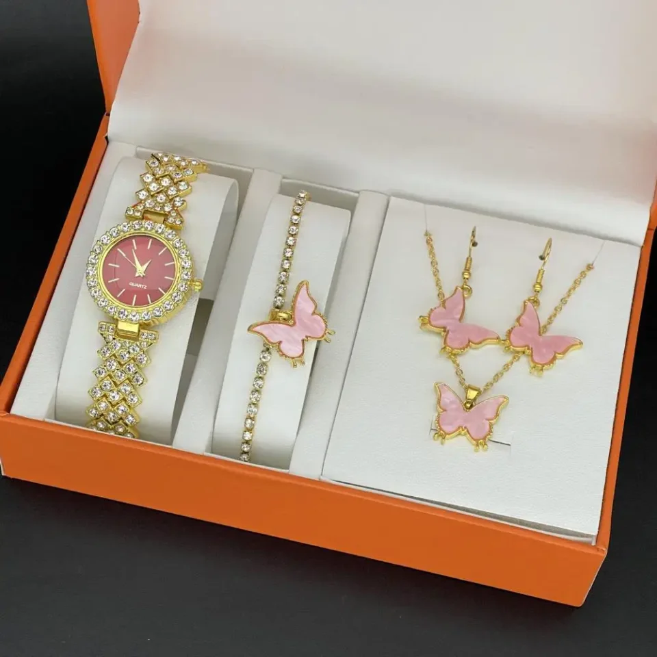 1 Juego de joyería para mujer con caja de regalo colección completa de reloj de cuarzo collar pulsera anillo pendiente conjunto joyería dorada regalo