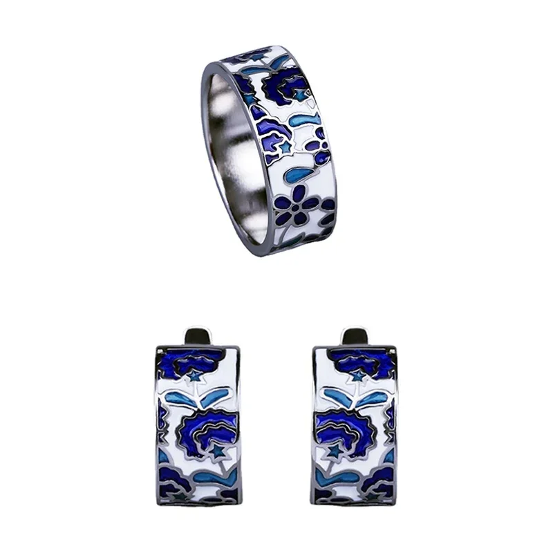 Conjunto de joyería clásico para mujer, pendientes esmaltados con flores azules, conjunto de colgante de anillo, joyería fina de moda, conjuntos de joyería nupcial hecha a mano