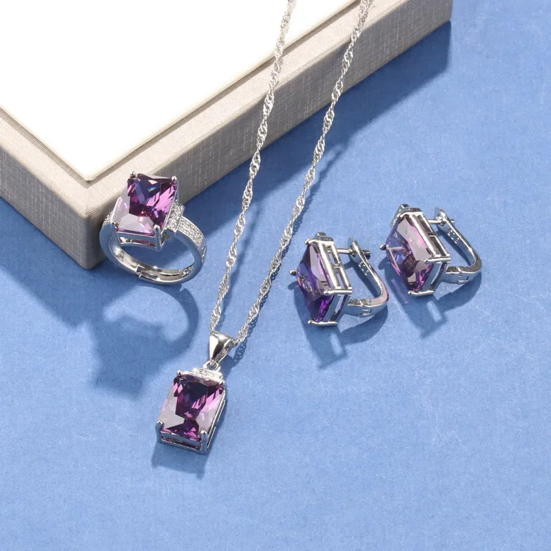 Joyería Fina rectangular única para mujer, accesorio de boda Original de plata 925, collar, pendientes, pulsera, conjuntos de anillos