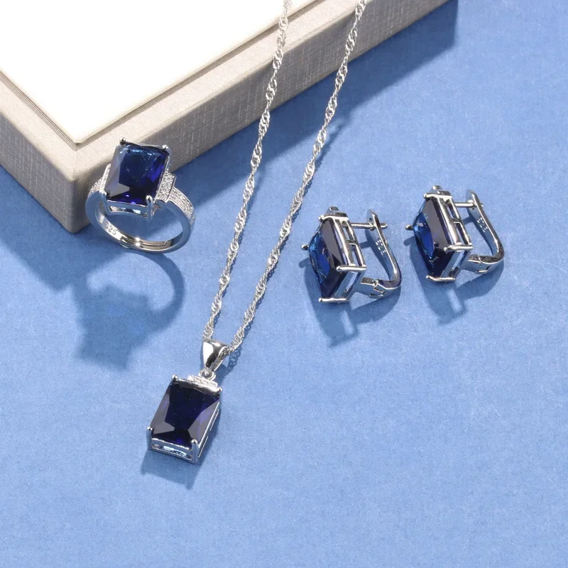 Joyería Fina rectangular única para mujer, accesorio de boda Original de plata 925, collar, pendientes, pulsera, conjuntos de anillos