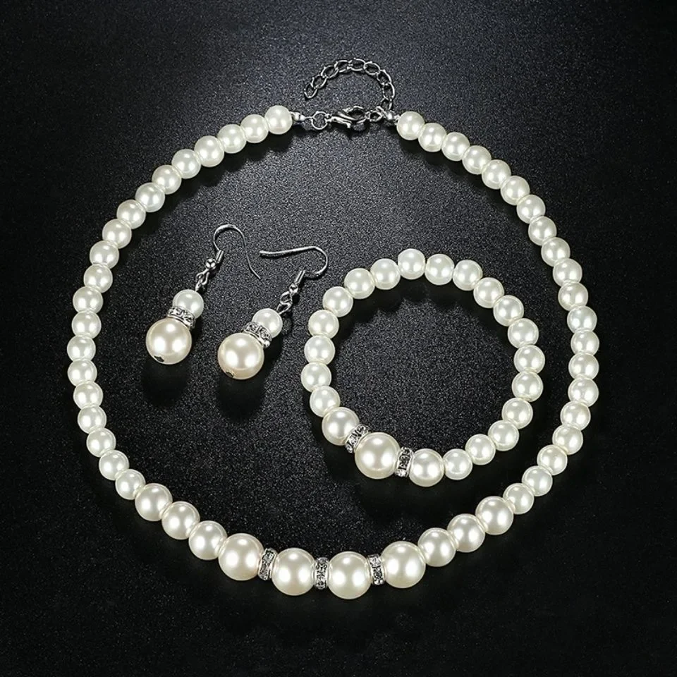 Collar, pulsera, pendientes, 3 unids/set, conjunto de joyería para mujer, elegante boda, fiesta, Imiation, perlas, cuentas de cristal, accesorios de regalo