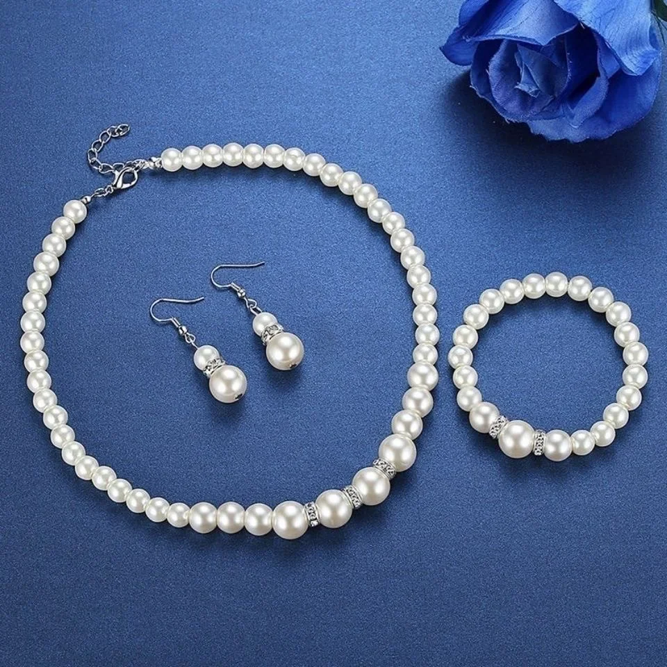 Collar, pulsera, pendientes, 3 unids/set, conjunto de joyería para mujer, elegante boda, fiesta, Imiation, perlas, cuentas de cristal, accesorios de regalo
