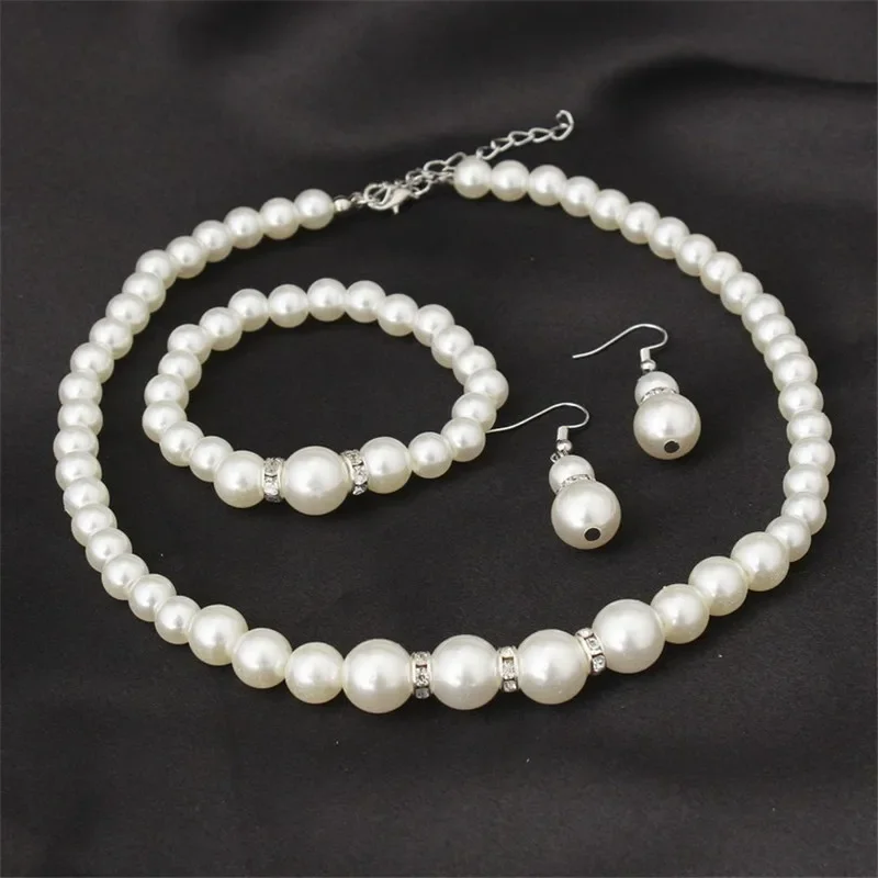 Collar, pulsera, pendientes, 3 unids/set, conjunto de joyería para mujer, elegante boda, fiesta, Imiation, perlas, cuentas de cristal, accesorios de regalo