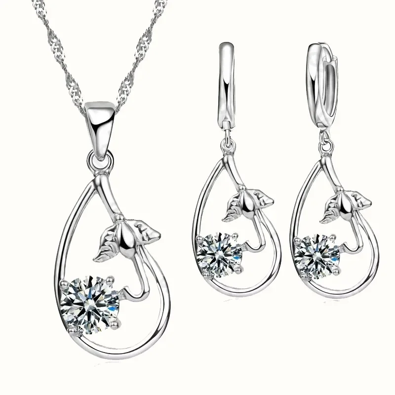 Juegos de joyería nupcial para boda para mujer, collar y pendientes, joyería de estilo romántico de Plata de Ley 925 para mujer como regalo