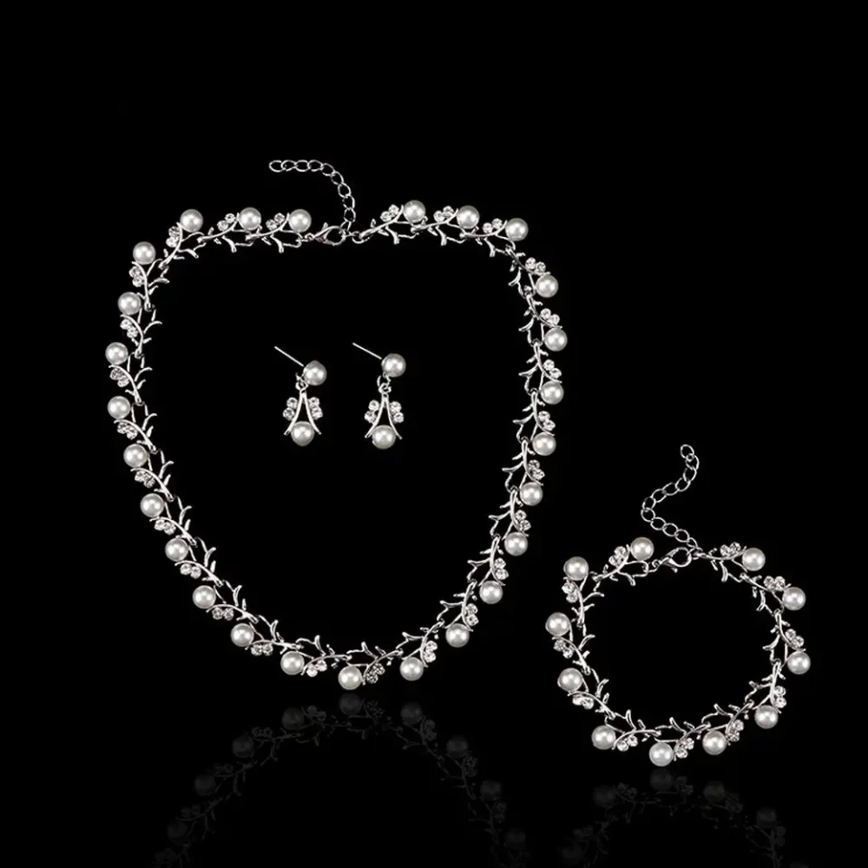 Regalo del día, cadena de clavícula de hoja nupcial, Collar de diamantes de imitación, Gargantilla, Collar de cristal, pendientes, pulsera, conjunto de joyería de boda, perla