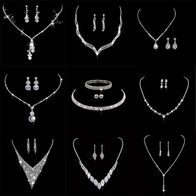 Conjunto de joyería de novia de cristal a la moda, vestido de novia Chapado en plata con diamantes de imitación, collar para banquete, conjunto de pendientes, regalo para mujer