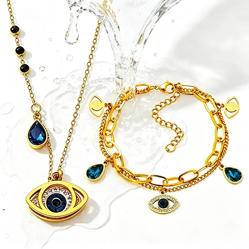 Conjunto de joyas de ojo turco para mujer, collar y pulsera de acero inoxidable con cristal azul, joyería turca de protección y buena suerte.