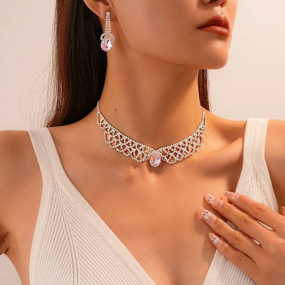 Conjunto de joyería de diamantes de imitación de cristal nupcial, conjunto de pendientes y collar de lujo brillante, conjunto de collar de cristal exquisito para banquete