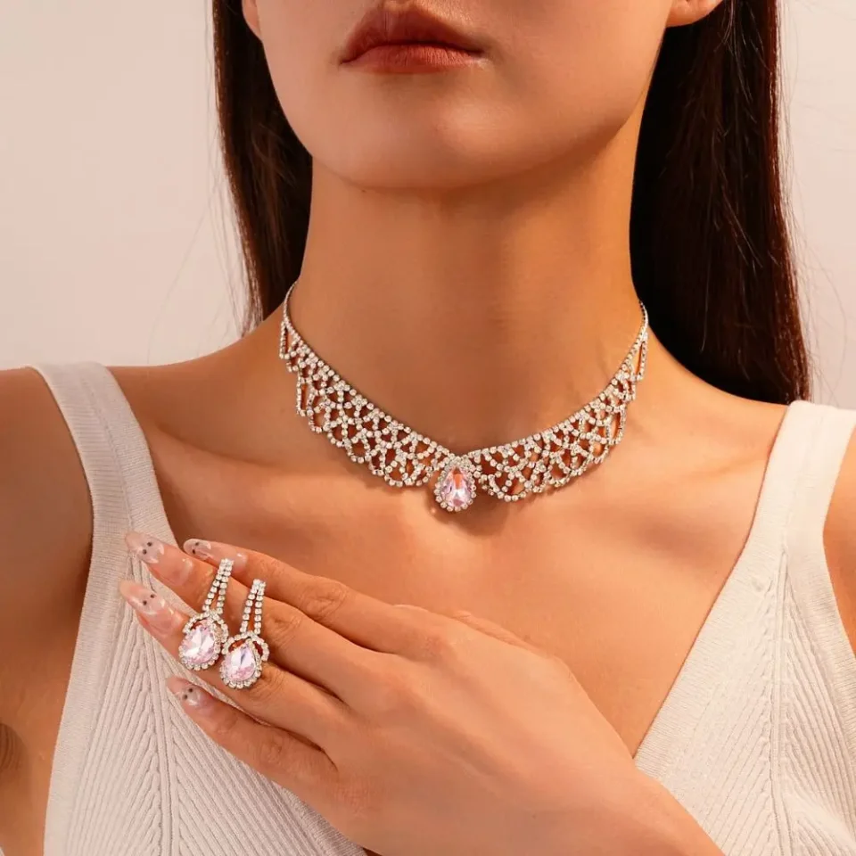 Conjunto de joyería de diamantes de imitación de cristal nupcial, conjunto de pendientes y collar de lujo brillante, conjunto de collar de cristal exquisito para banquete