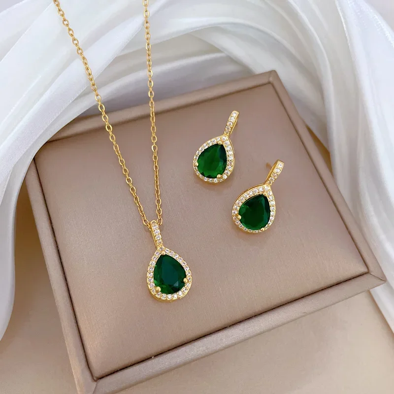 Conjunto de 2 piezas de joyería para mujer, collar con colgante de diamantes de imitación verdes en forma de gota de agua, pendientes de botón, vestido de novia, conjunto de joyería nupcial