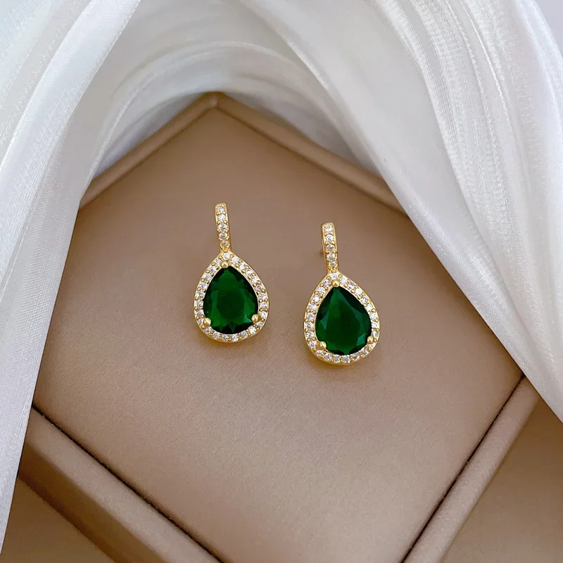 Conjunto de 2 piezas de joyería para mujer, collar con colgante de diamantes de imitación verdes en forma de gota de agua, pendientes de botón, vestido de novia, conjunto de joyería nupcial