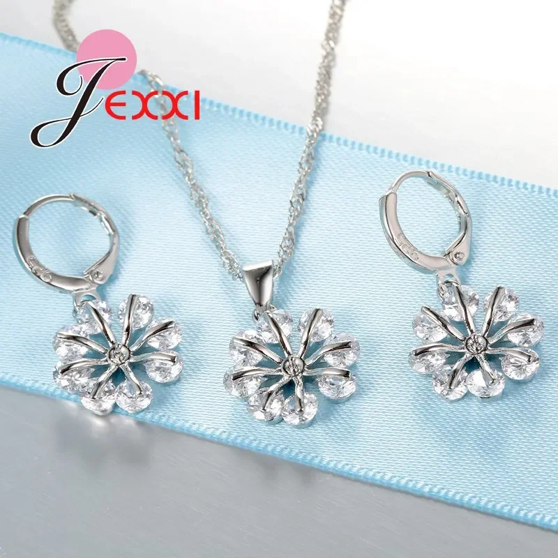 Conjuntos de joyería de boda romántica, cadena de plata de ley 925, collar de copo de nieve de cristal transparente, pendientes colgantes, bisutería