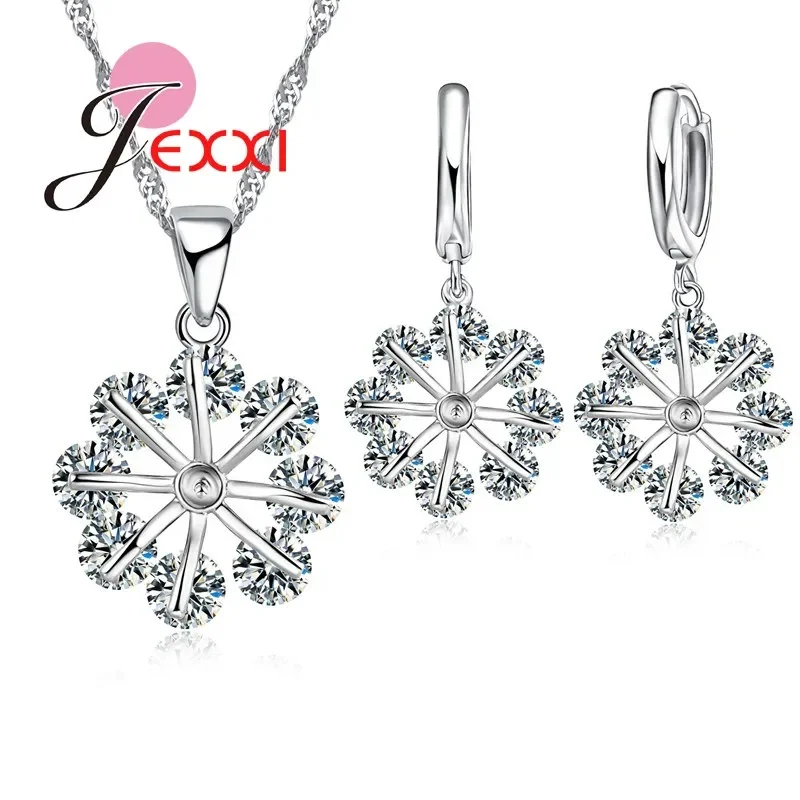Conjuntos de joyería de boda romántica, cadena de plata de ley 925, collar de copo de nieve de cristal transparente, pendientes colgantes, bisutería