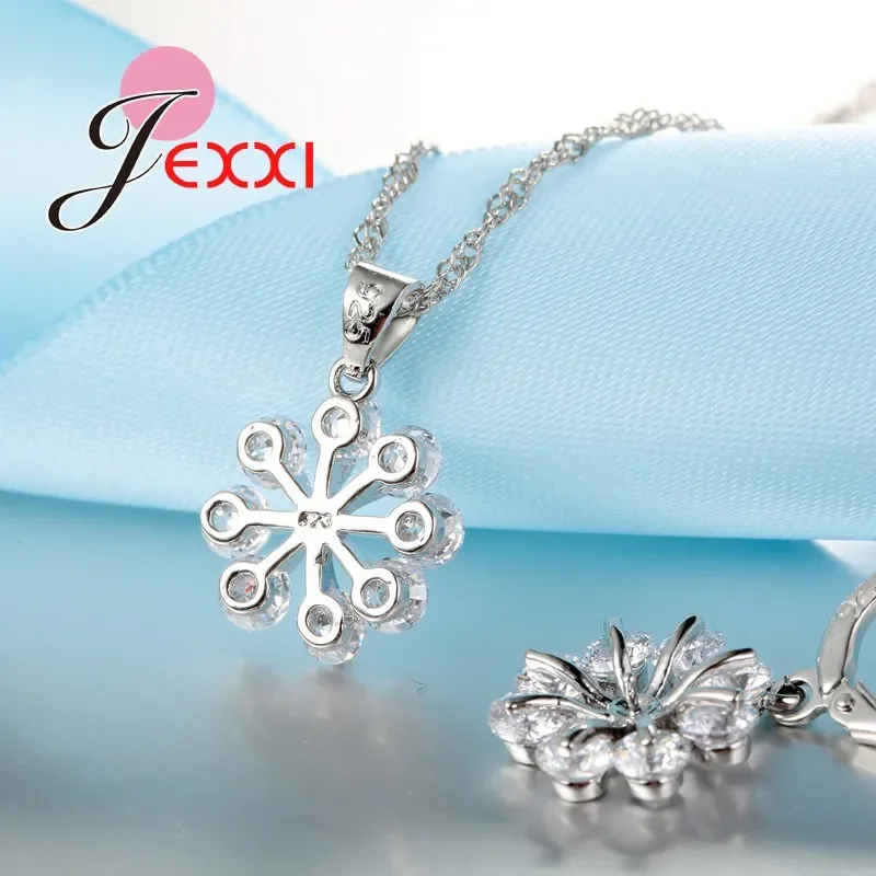 Conjuntos de joyería de boda romántica, cadena de plata de ley 925, collar de copo de nieve de cristal transparente, pendientes colgantes, bisutería