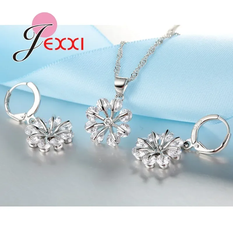 Conjuntos de joyería de boda romántica, cadena de plata de ley 925, collar de copo de nieve de cristal transparente, pendientes colgantes, bisutería