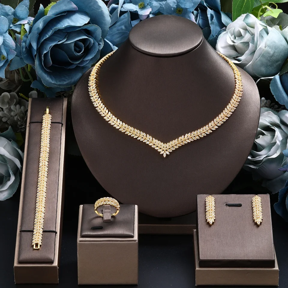 Elegante conjunto de joyería de Dubái chapada en oro, adecuado para regalos de fiesta de mujer, joyería de 4 piezas para novia de boda de los Emiratos Árabes Unidos simple y elegante