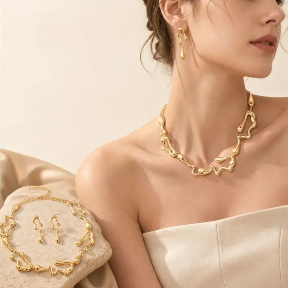 Conjunto de Joyería de Diseño Geométrico Irregular, Collar y Aretes Ajustables, Ligeros, Estilo Gótico Retro, Regalo para Chicas