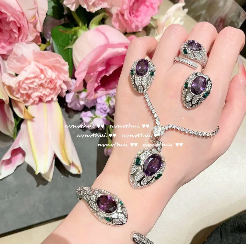 Conjuntos de joyas de plata de ley 925 para mujer, Color plateado, collar de serpiente de circón de lujo, anillo, pendiente, brazalete, nueva moda