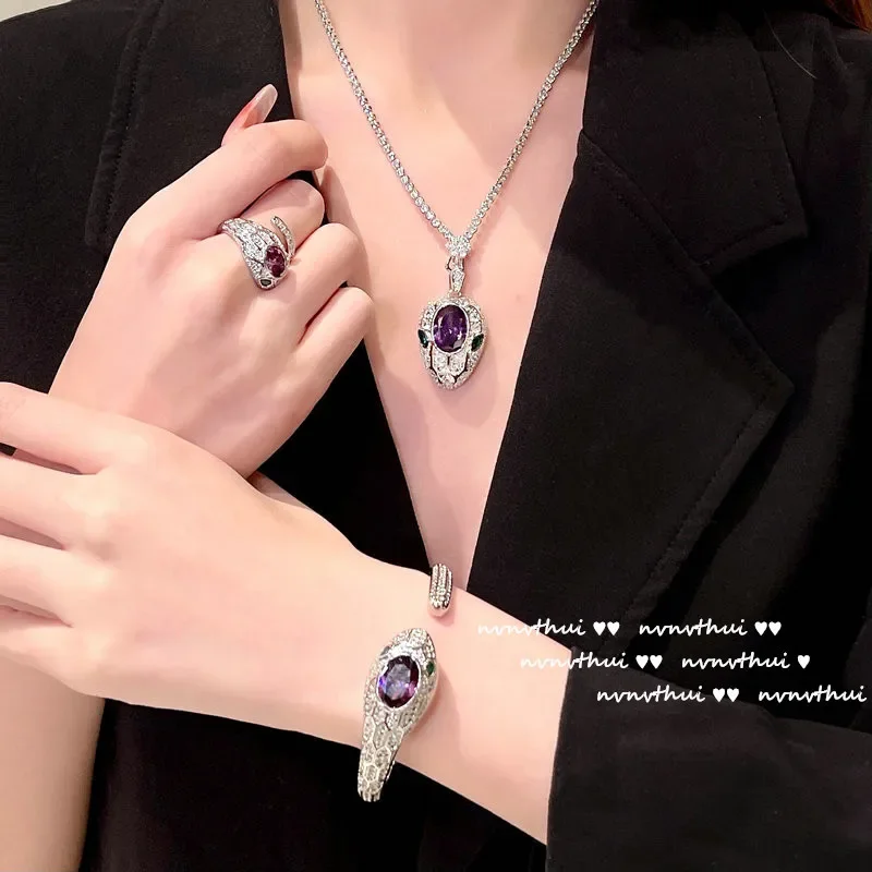 Conjuntos de joyas de plata de ley 925 para mujer, Color plateado, collar de serpiente de circón de lujo, anillo, pendiente, brazalete, nueva moda