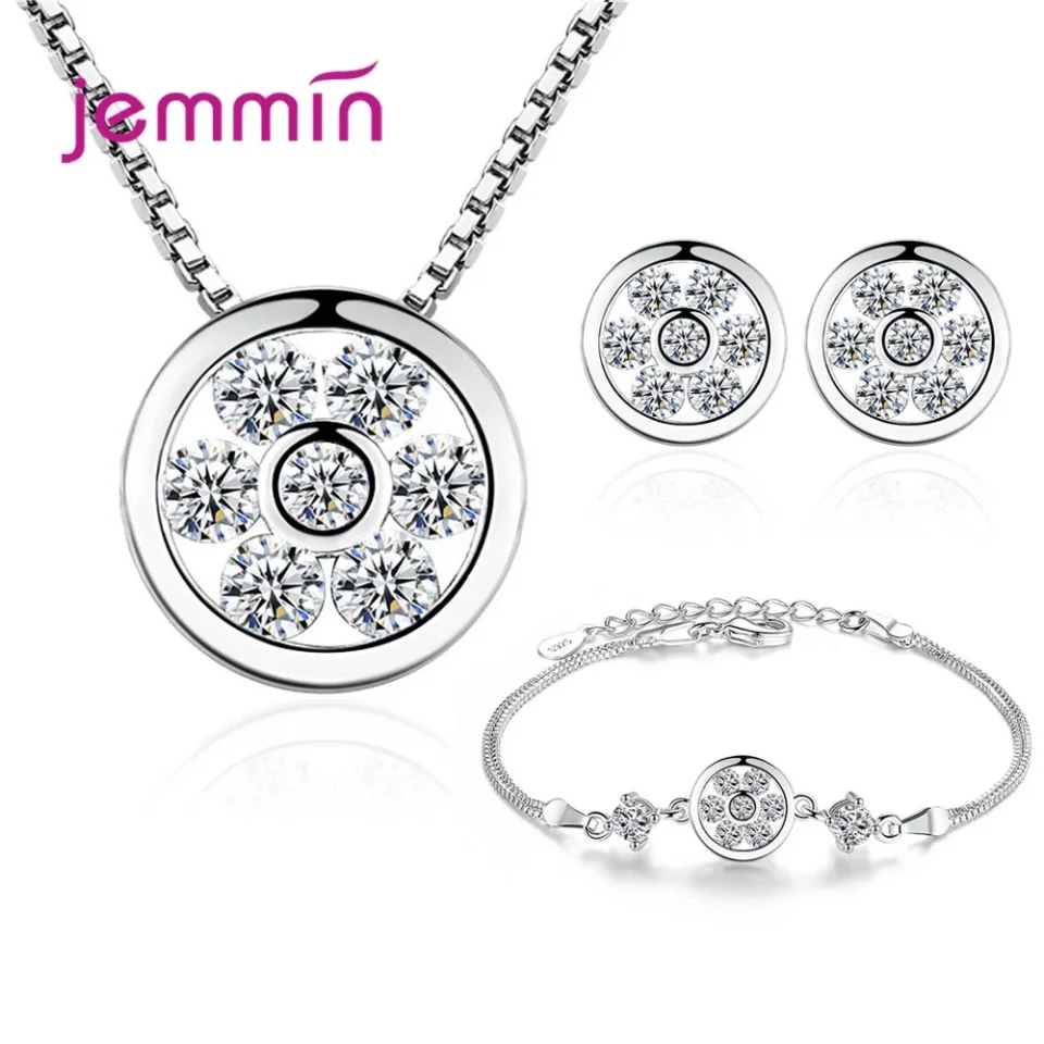 Conjuntos de joyería de plata de ley 925, exquisito diseño de flores, collar de circón, pendientes, pulsera, conjunto para mujer, regalo de joyas de fiesta