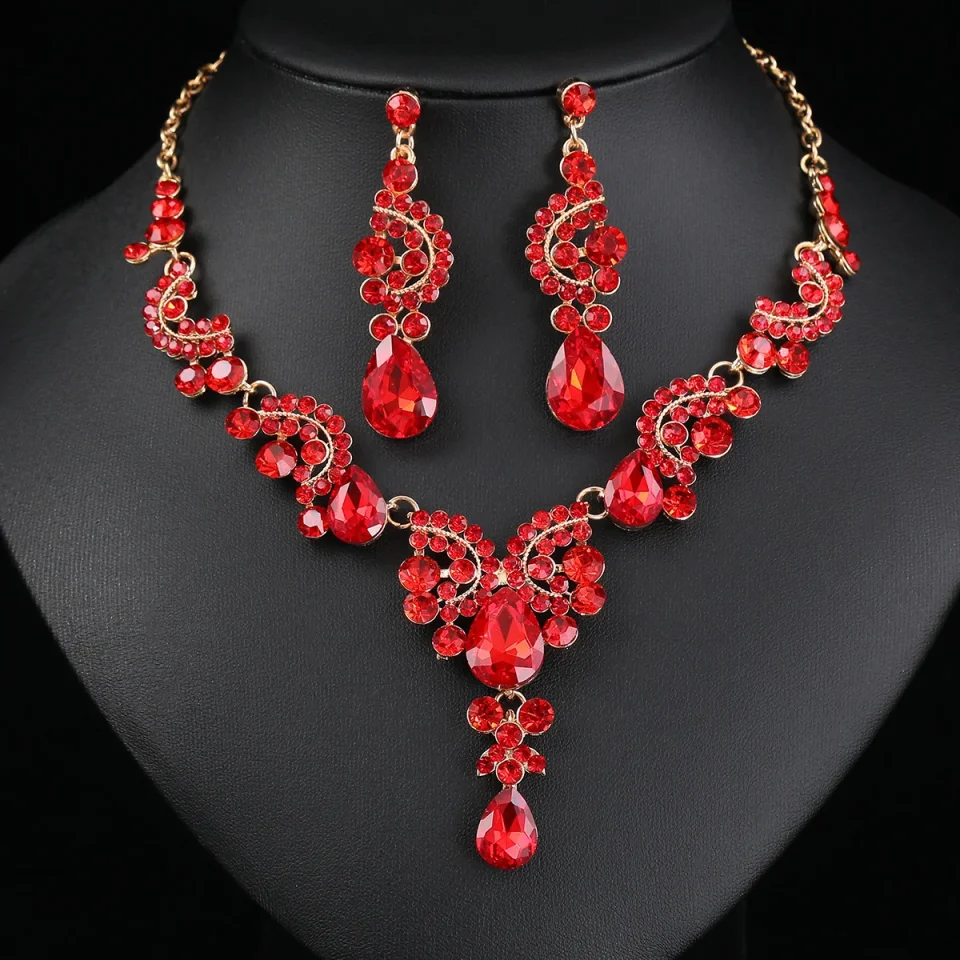 2 unids/set conjuntos de joyería para mujer azul elegante gota de agua colgante de diamantes de imitación collar pendientes vestido de novia conjunto de joyería nupcial