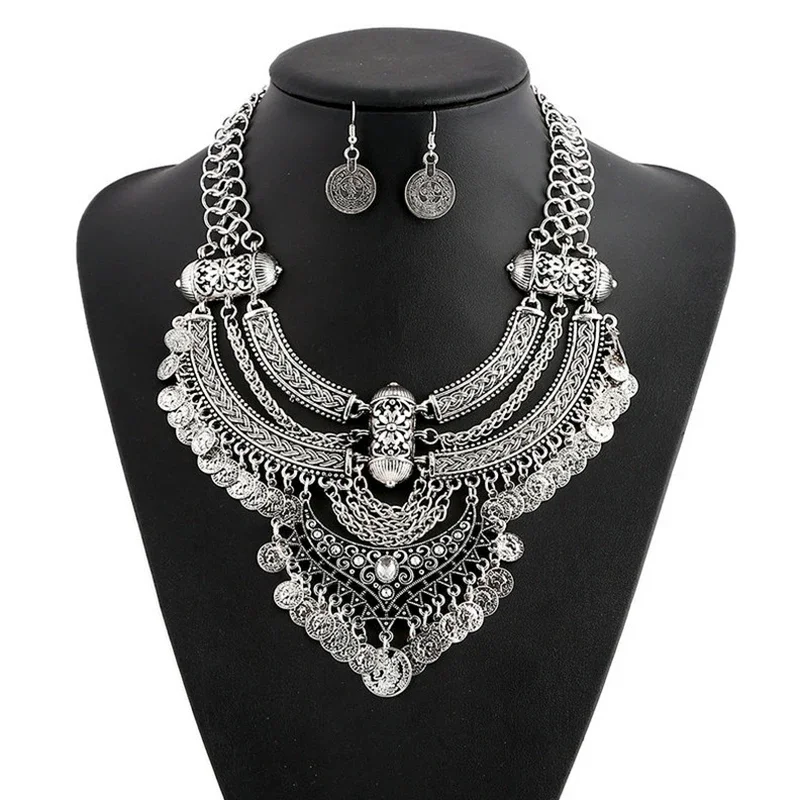 Conjuntos de joyas de Collar de gargantilla de moda para mujer, borla de moneda, étnico, gitano, bohemio, collares de declaración, Pendientes colgantes de gota