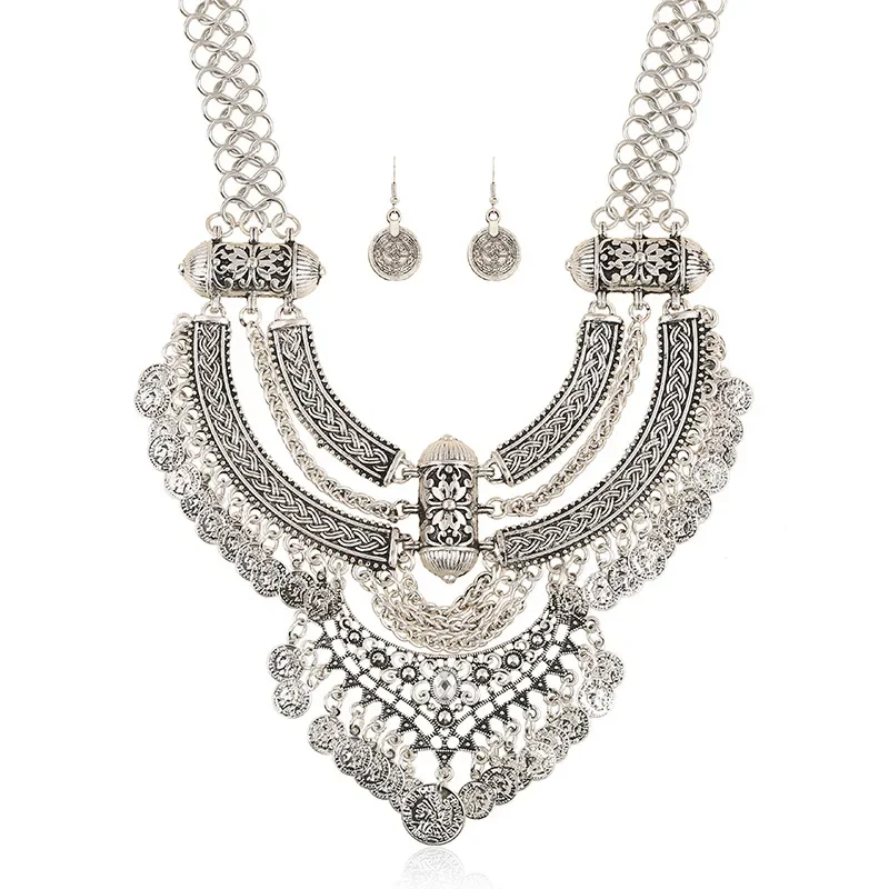 Conjuntos de joyas de Collar de gargantilla de moda para mujer, borla de moneda, étnico, gitano, bohemio, collares de declaración, Pendientes colgantes de gota