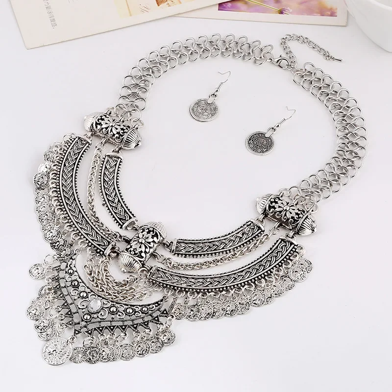 Conjuntos de joyas de Collar de gargantilla de moda para mujer, borla de moneda, étnico, gitano, bohemio, collares de declaración, Pendientes colgantes de gota