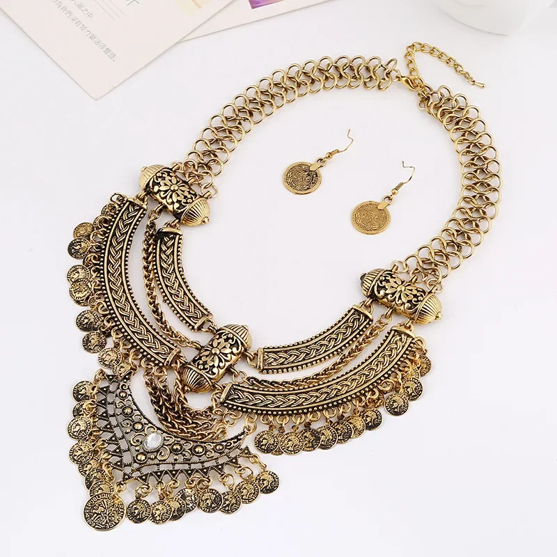 Conjuntos de joyas de Collar de gargantilla de moda para mujer, borla de moneda, étnico, gitano, bohemio, collares de declaración, Pendientes colgantes de gota