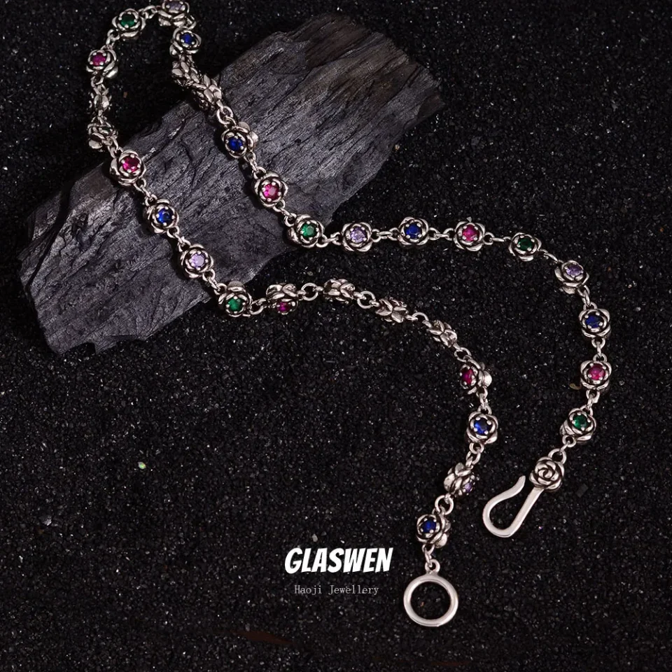 Recién llegado, dulce rosa, flor, cristal colorido, plata tailandesa, juegos de joyas para mujer, collar, pulsera, regalos de cumpleaños