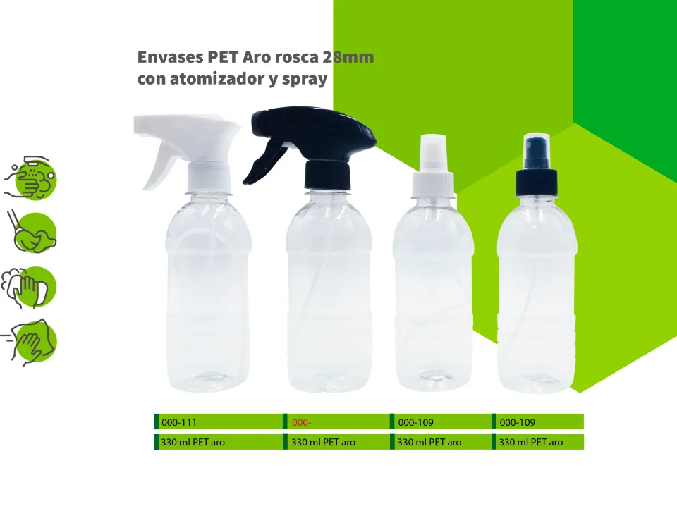 Envases PET aro rosca 28 mm con atomizador y spray