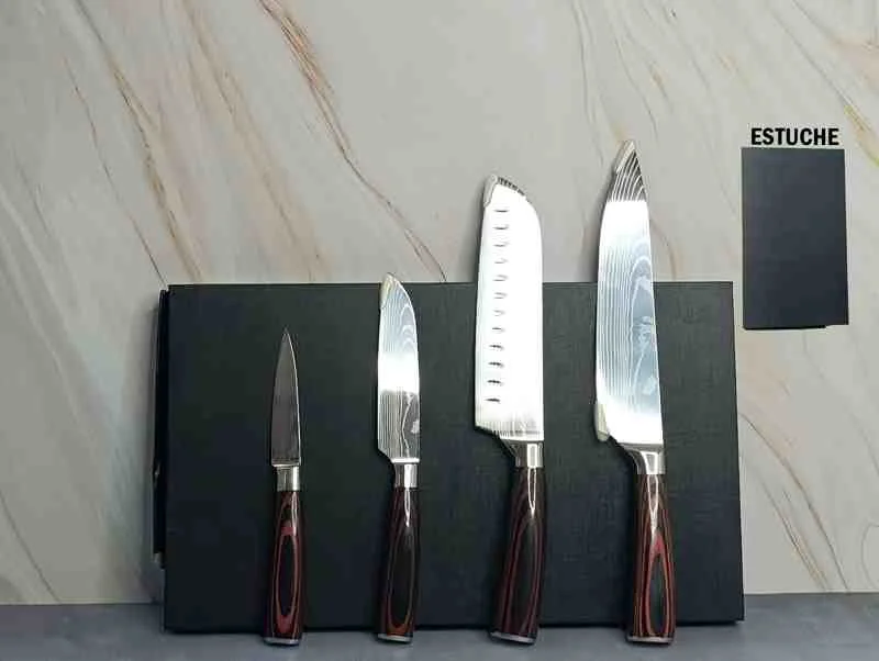 JUEGO 4PC CUCHILLOS EFECTO DAMASCO CAJA NEGRA 12596