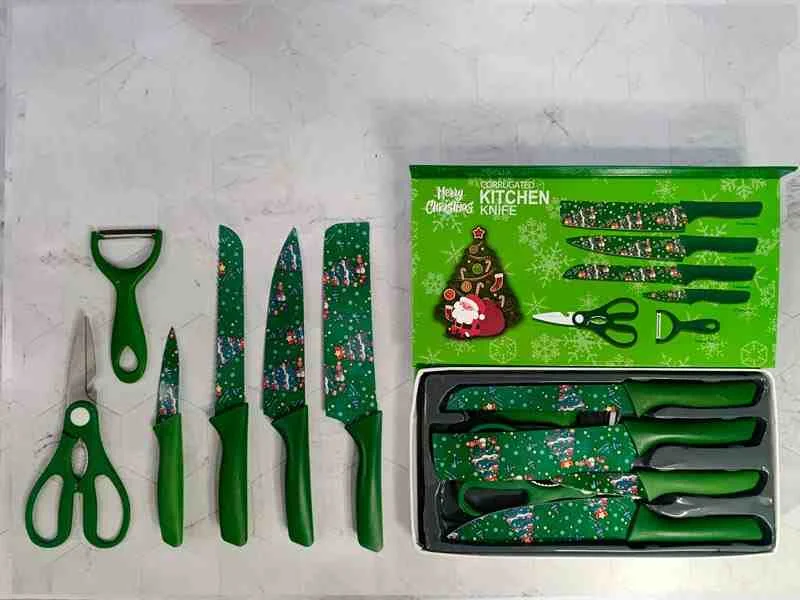 JUEGO 6PCS CUCHILLOS VERDE KITCHEN KNIFE NAVIDAD 882722V