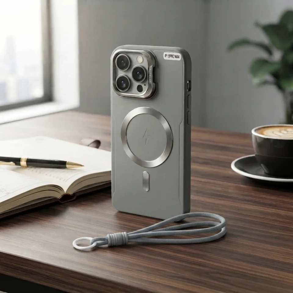 FORRO IPHONE 16 PRO MAX CON STRAP GRIS