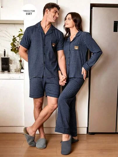 CoupledUp Plaid Print Bear Pattern Pocket Front Button Lapel Short Sleeve Shorts Men's Pajama Set, Summer Sleepwear