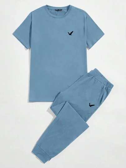 SHEIN Men's Eagle Printed Short Sleeve Pants Knitted Homewear Set
