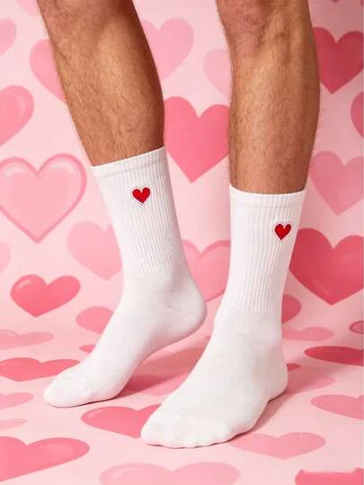 Men Heart Print Crew Socks, Fall Socks