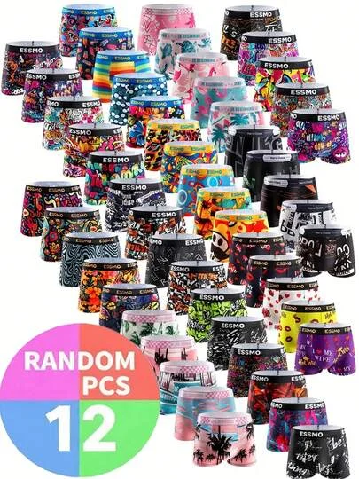 12-Pack Random Men's Casual Home Underwear, Lightweight High-Stretch Slim Fit Mini Leaf Print Boxer Briefs, Ideal For Two-Week Wear
