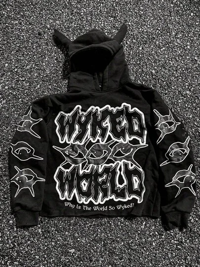 Y2K Gothic Harajuku Street Hip Hop Hoodie For Men Devil Horn Hooded Sweatshirt Punk Goth Aesthetic Grunge Pullover