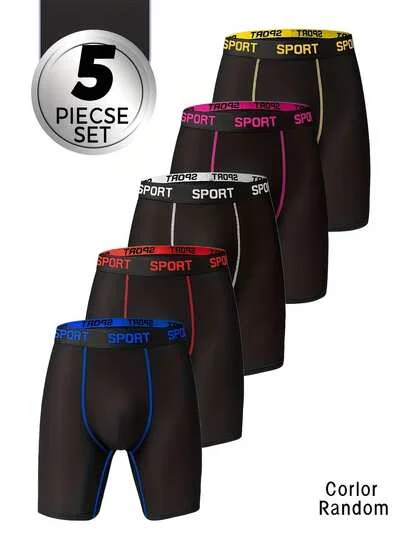 Random 5 Pieces Men's Slim-Fit Long Straight-Leg Underwear - Breathable, Quick-Drying With Elastic Waistband Suitable For Daily,A Great Gift For Him