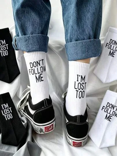 Don't Follow Me Funny Slogan Mid-Calf Socks, Unisex Casual Black & White Solid Color Novelty Socks, Streetwear Style
