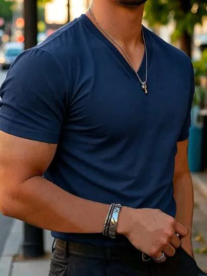 Men's Summer Casual Versatile Minimalist White V-Neck Short Sleeve T-Shirt