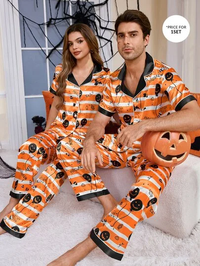 CoupledUp Halloween Element Print Lapel Open Front Faux Silk Striped Men's Pajama Set