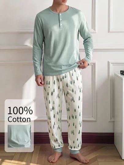 Napfluff Men's Long Sleeve Knit Printed Pajama Set With Long Pants