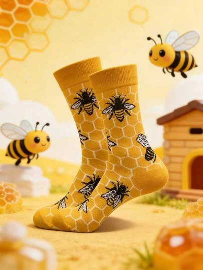 1/3/5 Pairs Men's Bee Mesh Mid-Calf Socks, Unisex All-Season Style, Suitable For Sports & Travel, Novelty Gift For Couples, Parents & Families
