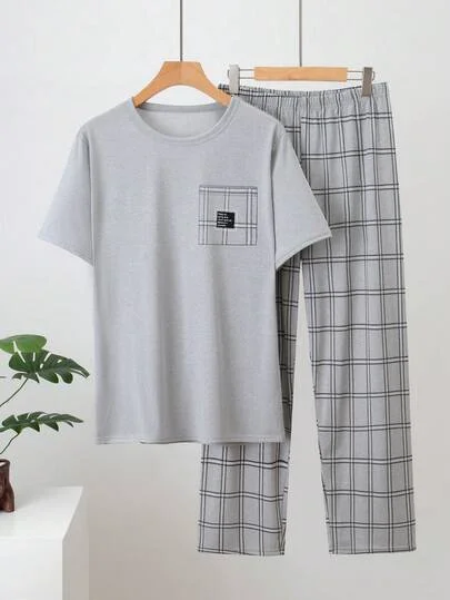 2pcs Men's Lightweight Pajama Set, Short Sleeve Top And Long Pants, Men's Spring/Summer Plaid Striped Loungewear Set