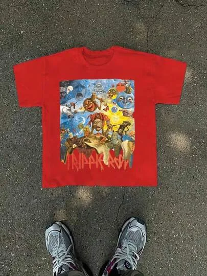 Hip Hop Style Black T Shirt With Trippie Redd Artwork Casual Soft, Pure Cotton 220g Pattern Printed T-Shirt