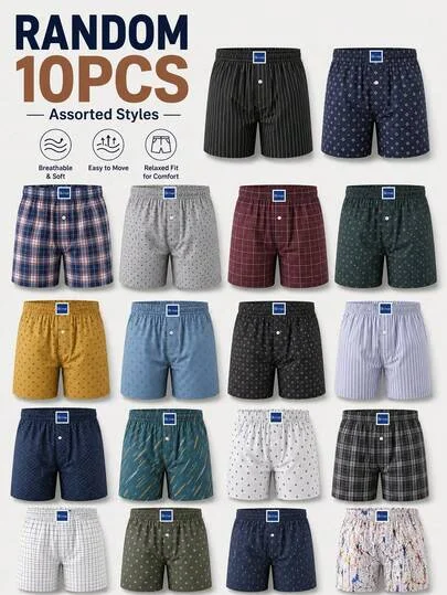 Random Men's 10-Pack Mixed Color Boxer Briefs, Breathable And Soft, Casual Loose Fit, With Button Fly, Plaid And Striped Prints, Everyday Casual Short