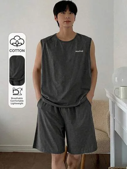 DAZY Summer Letter Print Dark Grey Tank Top & Shorts Men's Loungewear Set