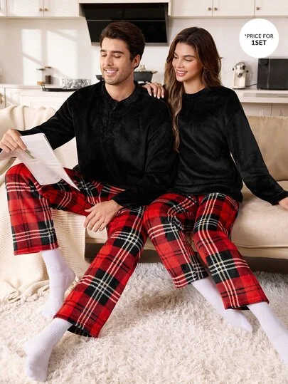 CoupledUp Men's Round Neck Button-Front Plush Long Sleeve & Long Pants Loungewear Set